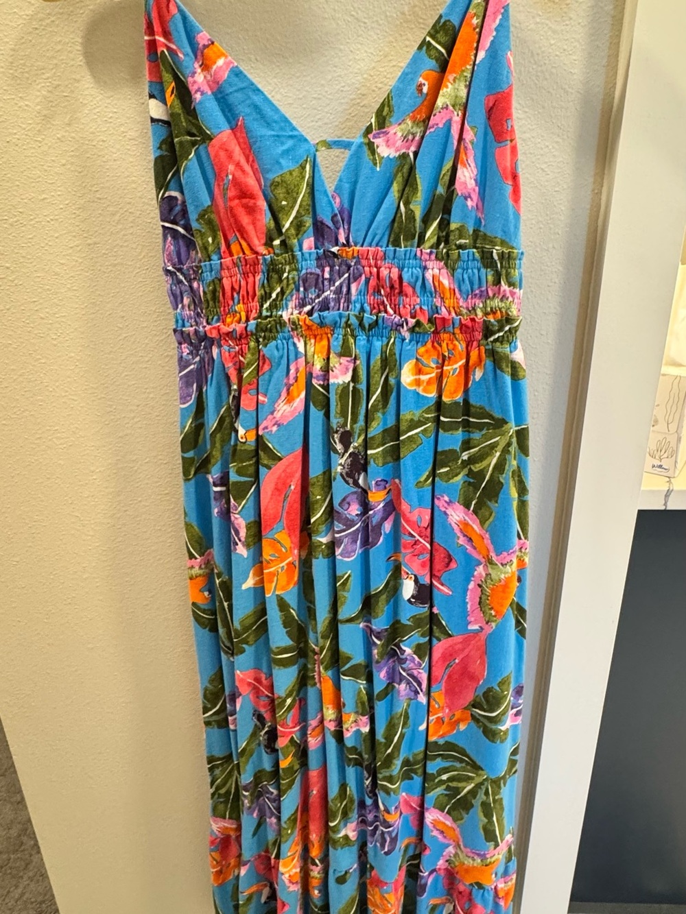 Blue Tropical Floral Maxi Dress with Pink & Orange Blooms